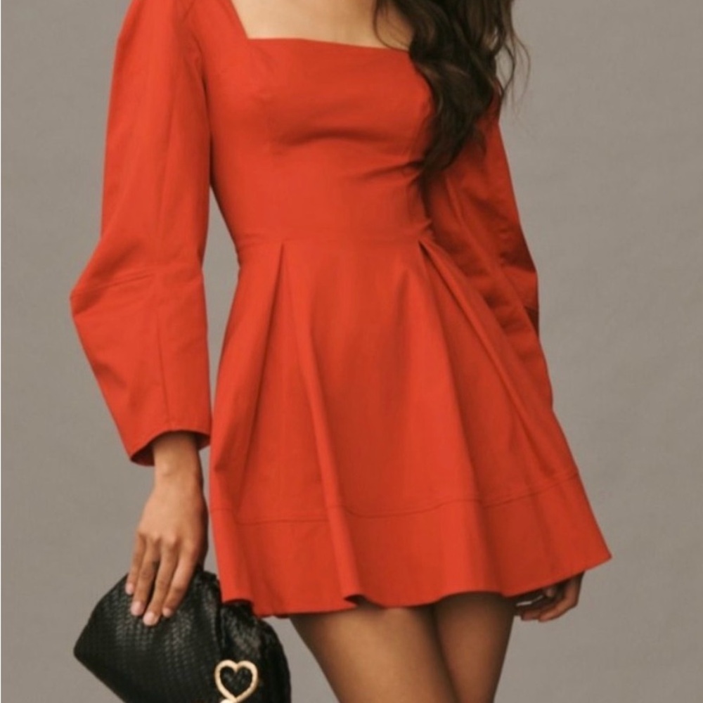 Anthropologie Red Square-Neck Long Sleeve Mini Dress